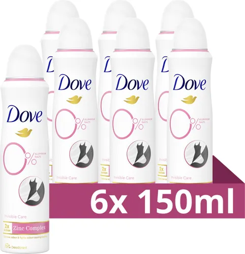 Dove 0% Aluminiumzouten Deodorant Spray - Invisible Care - bevat het 2x Action Zinc-Complex met Zinc Zap-technologie - 6 x 150 ml