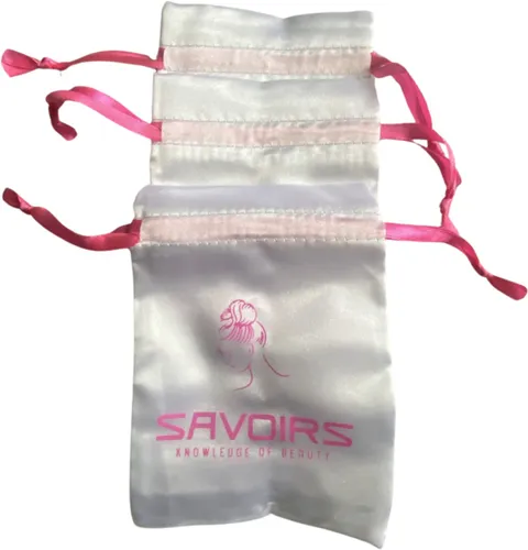 Drawstring bag-mini make up bag- Breedte 3,5 cm Lengte 5 cm-inhoud 30ml 6 stuks.Wit met roze letters.
