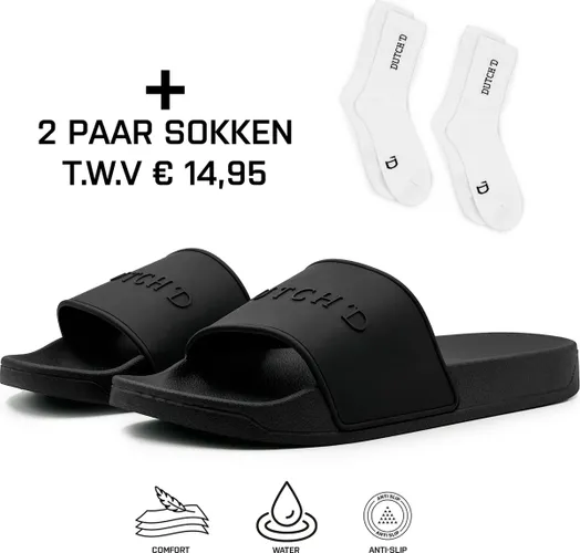 Dutch'D ® Rubberen slipper + GRATIS 2 paar Sport Sokken t.w.v € 13,95 - zwart