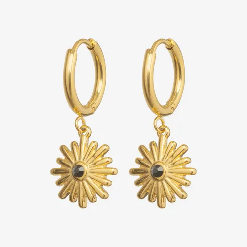 Essenza Small Black Flower Charm Earrings Gold
