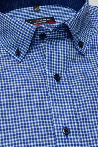 Eterna Modern Fit overhemd - korte mouw - blauw met turquoise geruit (contrast) - Strijkvrij - Boordmaat: 41