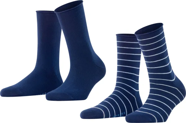 FALKE Happy Stripe 2-Pack gestreept met patroon katoen multipack sokken dames blauw