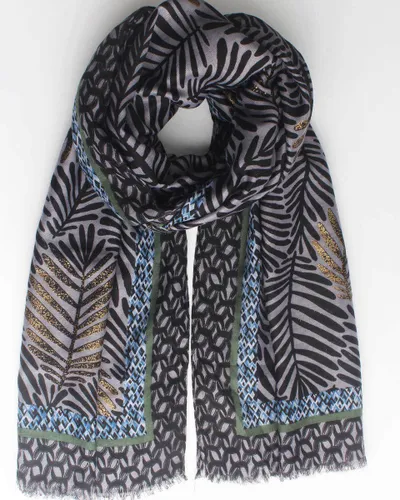 Fiona scarf- Accessories Junkie Amsterdam- Dames sjaal- Katoen- bladprint- Zwart met gouden glitters