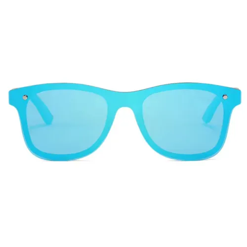 FLAMENGO Randloze Zonnebril – Donker Houten Frame met Blauwe Glazen- Sunglasses - Festival - Spiegelglazen - Wintersport – Strand - Ski zonnebril - UV...