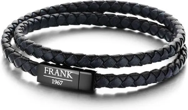 Frank 1967 7FB 0154 Heren Wikkelarmband met Staal Element - Gevlochten Leer en Dubbel Gewikkeld - Maat M - Donkerblauw - Zwart