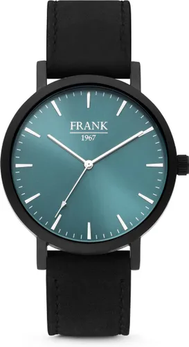 Frank 1967 7FW-0001 - Metalen horloge met lederen band - zwart en blauw -Doorsnee 42 mm