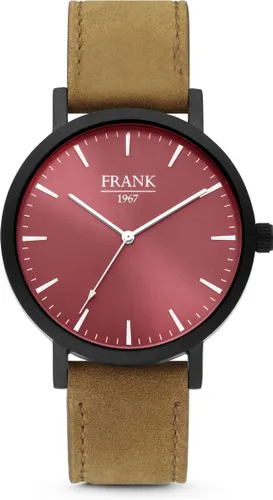 Frank 1967 7FW-0006 - Metalen horloge met lederen band - bruin en rood -Doorsnee  42 mm