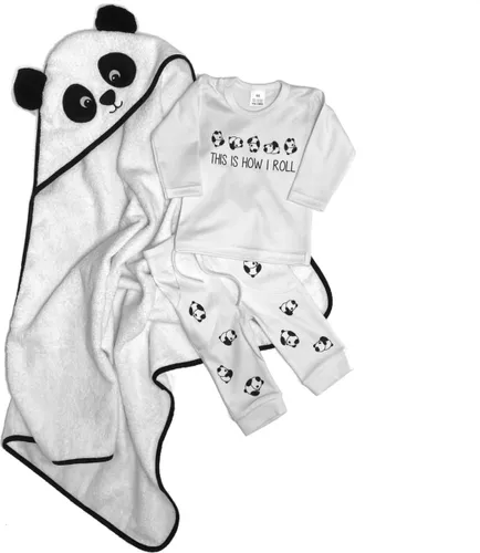 Geboorte cadeau-Meisje-Jongen-Baby badcape met capuchon-Shirt met broekje panda print