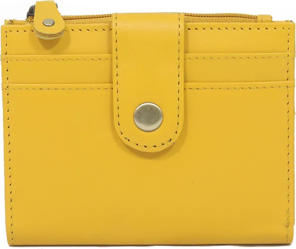 Gele portemonnee van leer - gele portefeuille van leder - met drukknoop en ritsvakje - 10 x 13 cm - geel - STUDIO Ivana