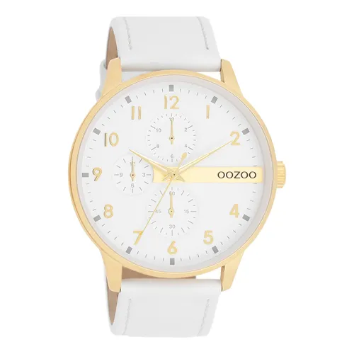 Goudkleurige OOZOO horloge met witte leren band - C11305