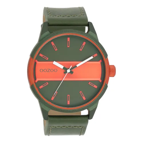 Groen/fluo oranje OOZOO horloge met groene leren band - C11318