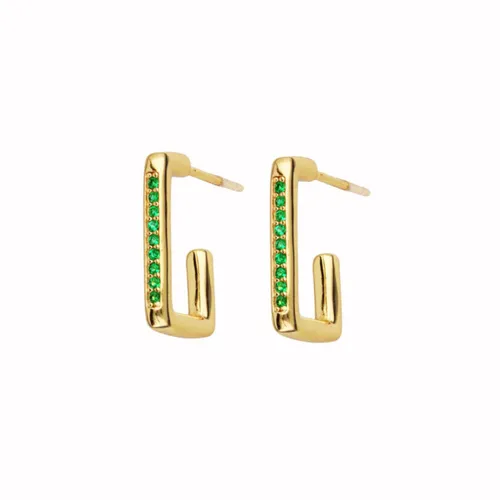 Groen Zirkonia Hoepel - Goud Oorringen met Groen Zirkonia - Green Zirconia Rectangle Hoops Earrings Gold Plated - Amona Jewelry