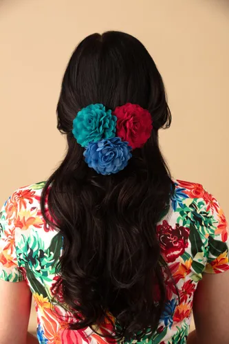 Haarbloemenset in klaproos roos, provence en turquoise