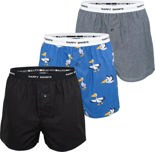 Happy Shorts 3-Pack Wijde Boxershort Zwart Pelikaan Print Blauw - Losse boxershort