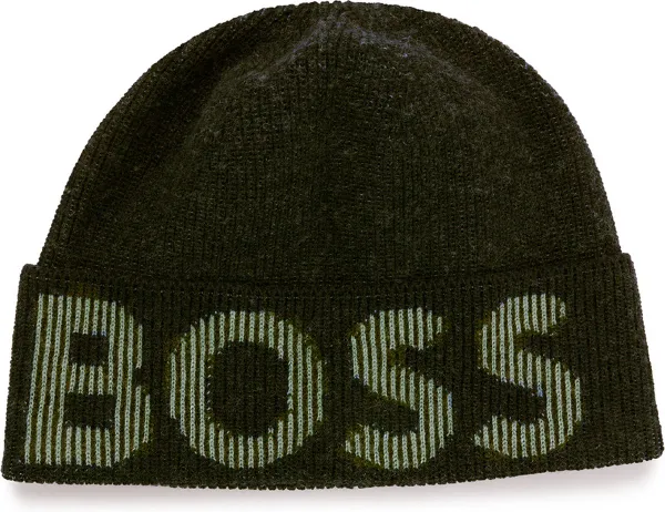 Hugo Boss - Beanie - groen - van katoen en wol met gebreid logo - heren