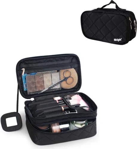 iBright Make-up tasje met spiegel - 2 lagen - Met handige vakjes - Cosmetica organizer - Toilettas Maat M - Zwart