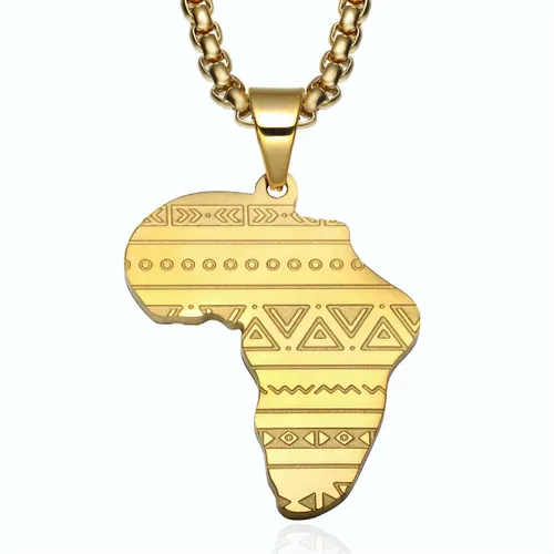 ICYBOY 18K Afrikaans Ketting met Afrika Map Pendant Verguld Goud [GOLD-PLATED] [ICED OUT] [24 INCH - 60CM] - Gold Plating African Punk Style Africa Ma...