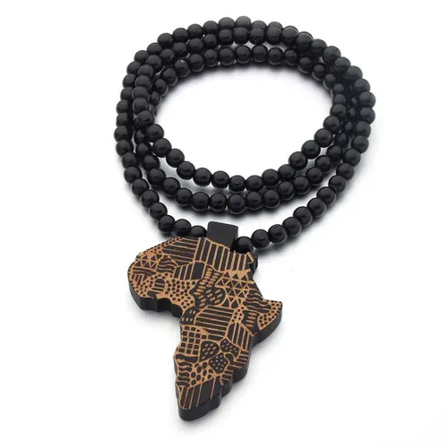 ICYBOY Klassiek Zwarten Gele Houten Ketting met Afrikaanse Map Pendant [Wood] [ICED OUT] [66CM] - Africa map wooden necklace hiphop hip hop HIPA map A...