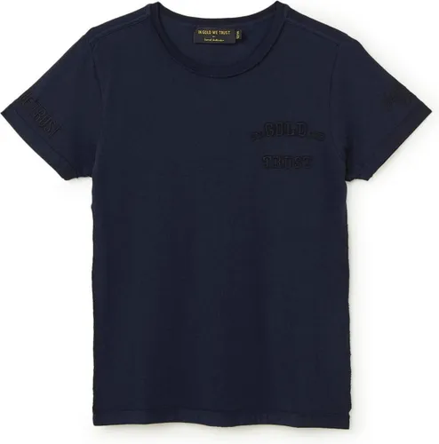 In Gold We Trust T-shirt met logoborduring en backprint - Blauw