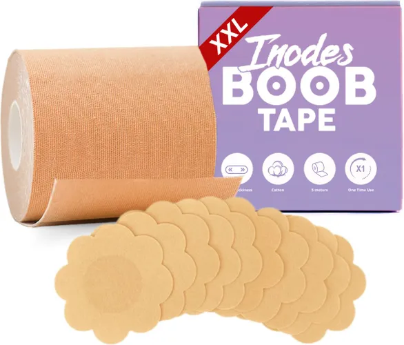 Inodes Boob Tape XXL met 10 Tepelcovers - Geschikt voor Grote Borsten (7,5 cm breed) - Boobtape Sandy 5 Meter - Plak BH - Strapless BH - BH accessoire