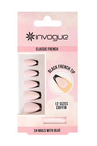 Invogue Lot de 24 faux ongles noirs French Tip