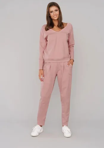 Italian Fashion | Karina | lange set | trainingspak set | huispak | katoen | losse snit | sexy schouder | poeder roze | laag uitgesneden broek XL