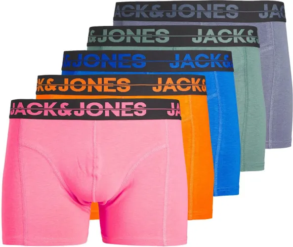 JACK & JONES Jacseth solid trunks box (5-pack) - heren boxers normale lengte - blauw - roze - oranje en groen