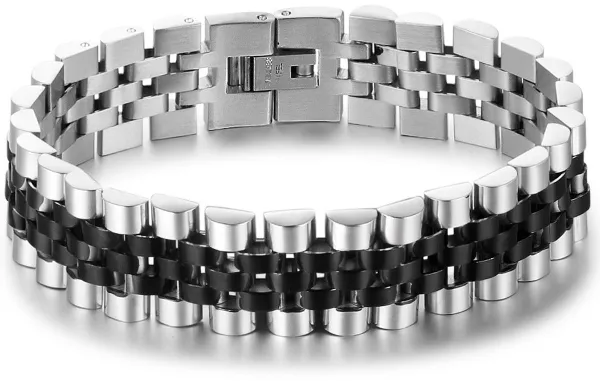 Jubilee Stijl Heren Armband - Horlogeband Stijl - Zilver / Zwart kleurig - Staal - 15mm - Schakelarmband - Armbanden - Cadeau voor Man - Mannen Cadeau...