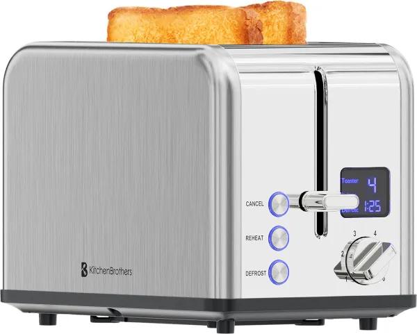 KitchenBrothers Broodrooster - Toaster - 6 Warmteniveaus - 2 Extra Brede Sleuven - 815W - RVS/Zilver