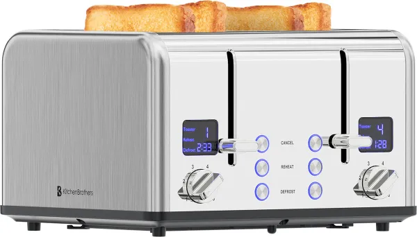 KitchenBrothers Broodrooster - Toaster - 6 Warmteniveaus - 4 Extra Brede Sleuven - 1630W - RVS/Zilver