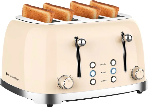 KitchenBrothers Retro Broodrooster - Toaster - 6 Warmteniveaus - 4 Extra Brede Sleuven - 1630W - Beige