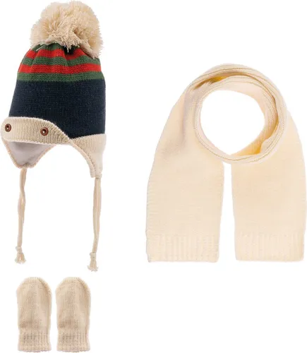 Kitti 3-Delig Winter Set | Muts (Beanie) met Fleecevoering - Sjaal - Handschoenen | 0-18 Maanden Baby Jongens | K22150-09-02 | Cream