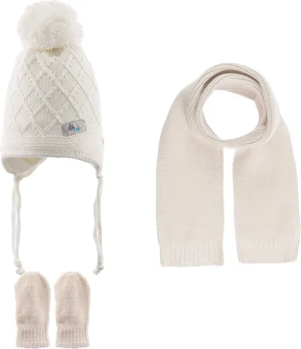 Kitti 3-Delig Winter Set | Muts (Beanie) met Fleecevoering - Sjaal - Handschoenen | 0-18 Maanden Baby Jongens | K23150-08-01 | Cream