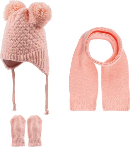 Kitti 3-Delig Winter Set | Muts (Beanie) met Fleecevoering - Sjaal - Handschoenen | 0-18 Maanden Baby Meisjes | K22150-04-04 | Salmon Pink