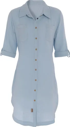 Knit Factory Kim Dames Blousejurk - Lange blouse dames - Blouse jurk lichtblauw - Zomerjurk - Overhemd jurk - M - Indigo - 100% Biologisch katoen - Kn