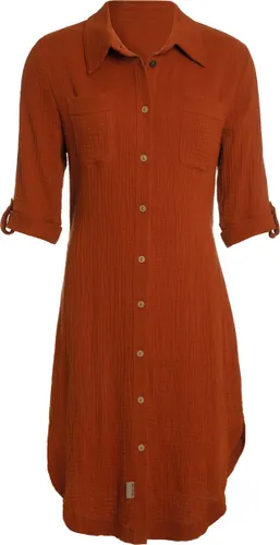 Knit Factory Kim Dames Blousejurk - Lange blouse dames - Blouse jurk oranje - Zomerjurk - Overhemd jurk - XL - Terra - 100% Biologisch katoen - Kniele