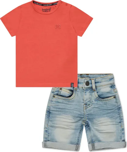 Koko Noko BIO Basics Set(2delig) Jeans Short NILS en Shirt Neon coral
