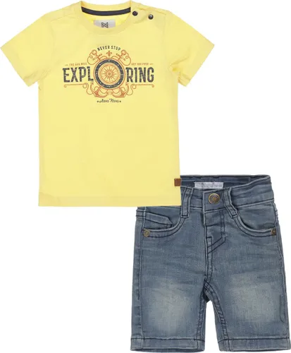 Koko Noko - Dirkje - Kledingset - 2delig - Jongens - Short Blue Jeans - Shirt Yellow met print