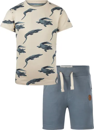 Koko Noko - Kledingset - 2delig - Joggingbroek Short Sweat Pants Blauw - Shirt Offwhite met blauwe krokodillen