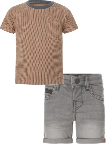 Koko Noko - Kledingset - Jongens - Short Grey Jeans - Shirt bruin met antraciet stippen en kraag