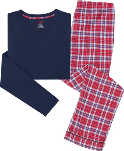 La-V pyjama sets voor heren met geruite flanel broek Donkerblauw /Rood XXL (Valt klein)