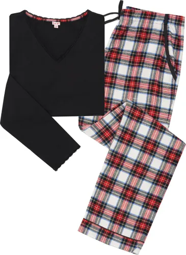 La-V pyjamasets voor dames met geruite flanel broek en top met kant zwart/rood XXL (Valt klein)