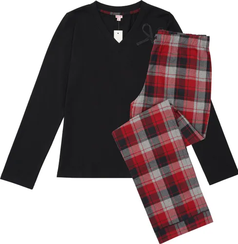 La-V pyjamasets voor dames met geruite flanel broek Zwart/ Rood XXL (Valt klein)