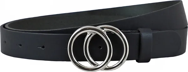 Landley Zwarte Dames Riem met Dubbele Ringen Gesp - Zilveren Ringen - 3 cm breed - Echt Leer - Zwart / Zilver - Lengte totaal 135 cm / Riemmaat 115