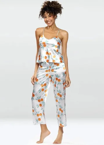Lange satijnen damespyjama - comfortabele pyjama met oranje print - sinaasappelprint- Flowers XXL