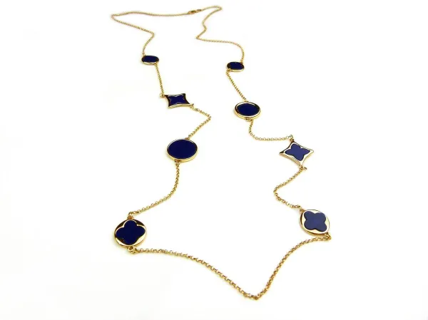 lange zilveren collier halsketting halssnoer geelgoud verguld Model Blossom met blauwe stenen