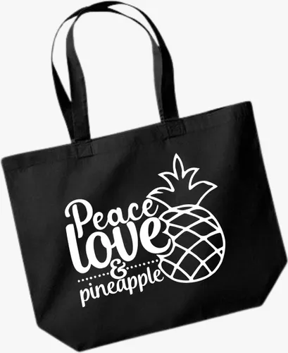 LBM strandtas - Peace, love & pineapple - Zwart