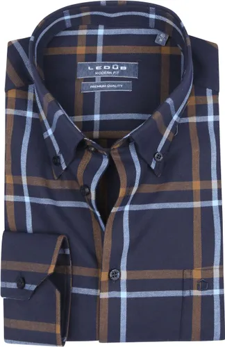 Ledub modern fit overhemd - blauw met bruin geruit flanel - Strijkvriendelijk - Boordmaat: 40