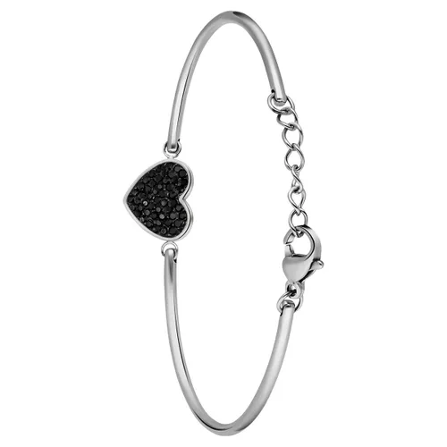 Lucardi Dames Stalen armband hart met kristal zwart - Armband - Staal - Zilverkleurig - 20 cm