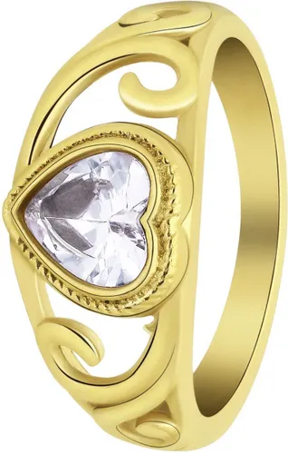 Lucardi Dames vintage ring met hart wit – Maat 69 – 22mm - Ring - Cadeau - Moederdag - Staal goldplated - Goudkleurig